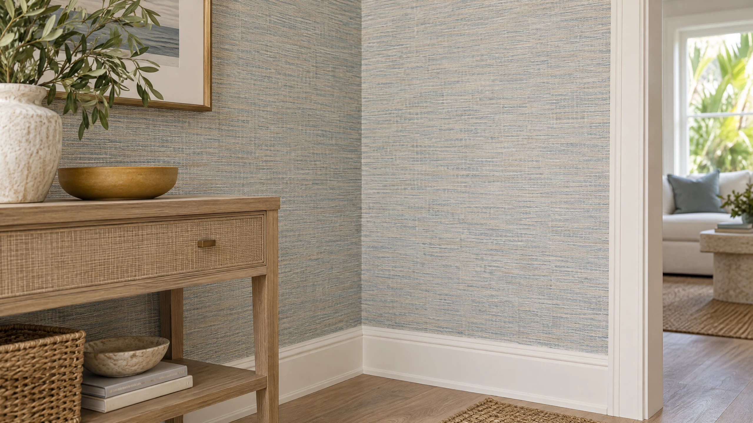 Quiet textured wallcovering meeting a clean inside corner